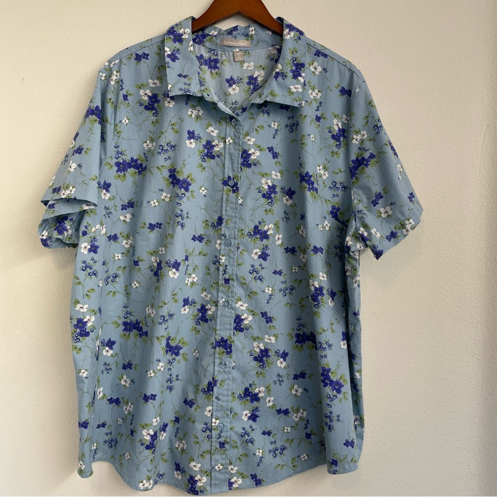 Woman within Perfect short sleeve shirt‎ Plus size 3X Blue Floral Cotton Comfy